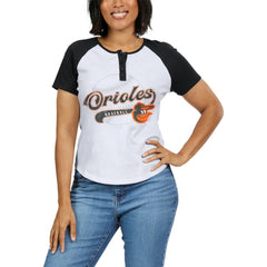 Baltimore Orioles WEAR by Erin Andrews Women's Fitted Henley Raglan T-Shirt White/Black