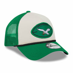 Philadelphia Eagles New Era 2024 Sideline Historic 9FORTY A-Frame Trucker Adjustable Hat - Stone/Kelly Green cheap