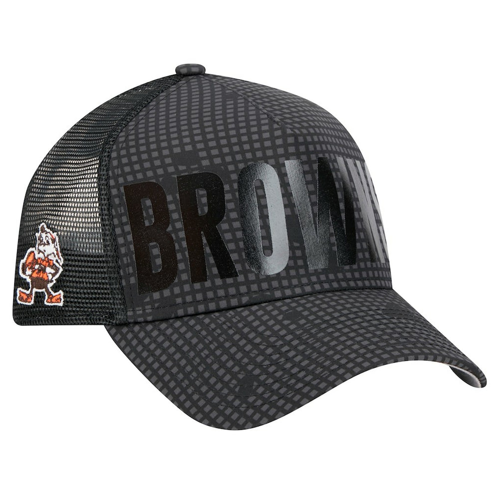 Cleveland Browns New Era Throwback Midnight Ink Tonal Text A-Frame Trucker 9FORTY Adjustable Hat - Black on sale