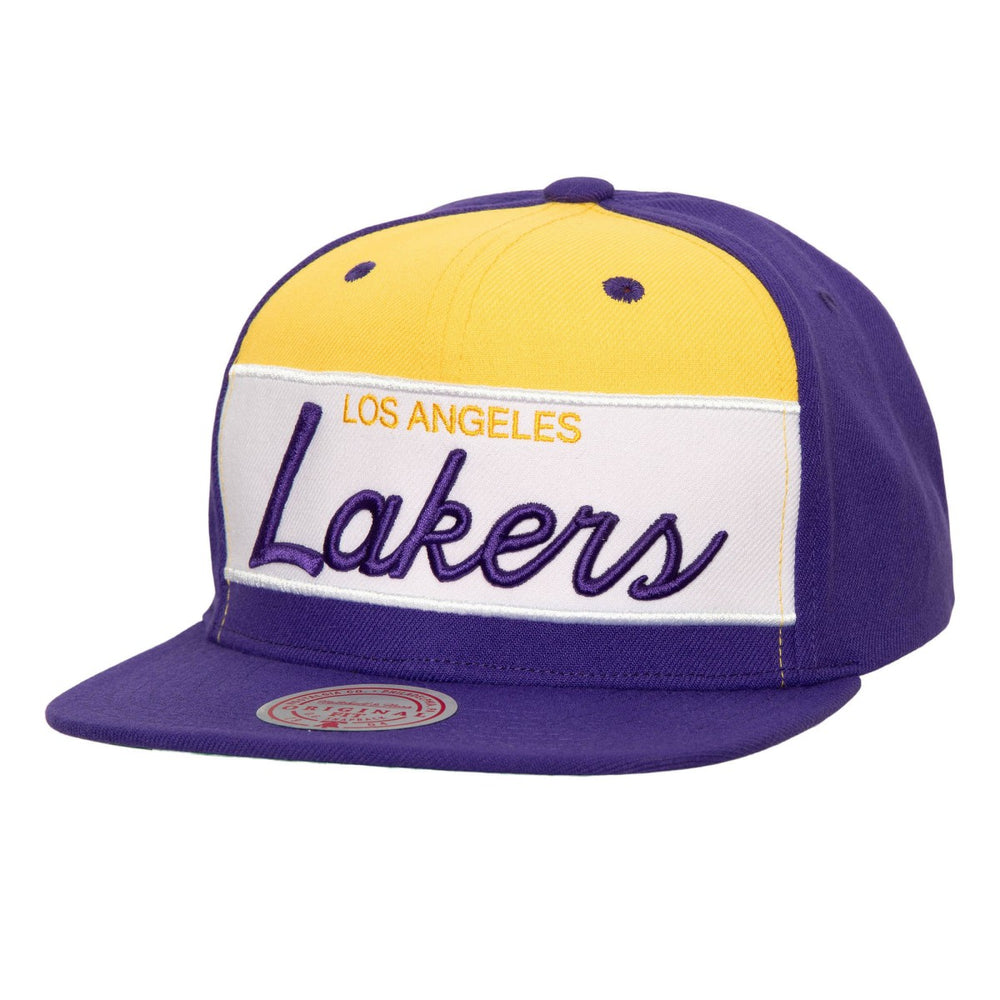Los Angeles Lakers Retro Sport Color Block Script Snapback Hat - White/Purple shop