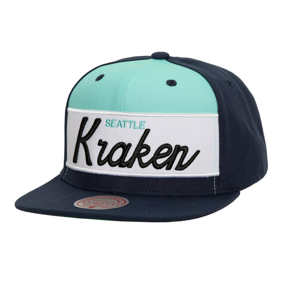 Seattle Kraken Mitchell & Ness Retro Script Colorblock Snapback Hat - Deep Sea Blue Hats