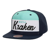 Seattle Kraken Mitchell & Ness Retro Script Colorblock Snapback Hat - Deep Sea Blue Hats