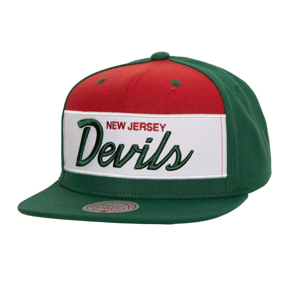 New Jersey Devils Mitchell & Ness Retro Script Colorblock Snapback Hat - Green Jerseys