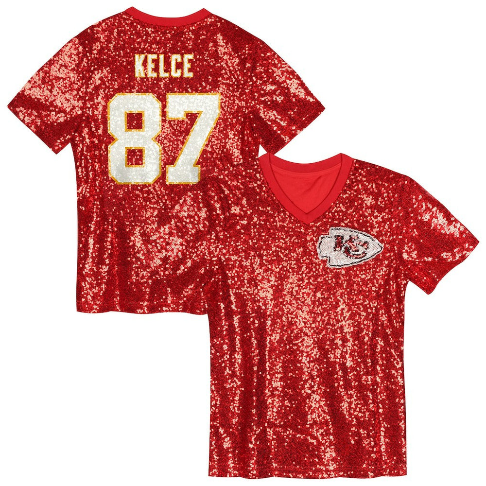 Travis Kelce Kansas City Chiefs Girls Youth Sequin V-Neck Fashion Jersey - Red discount