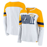 Nashville Predators Fanatics Women's Frozen Long Sleeve Notch Neck T-Shirt - White/Gold T-shirts
