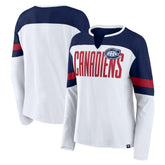 Montreal Canadiens Fanatics Women's Frozen Long Sleeve Notch Neck T-Shirt - White/Navy T-shirts