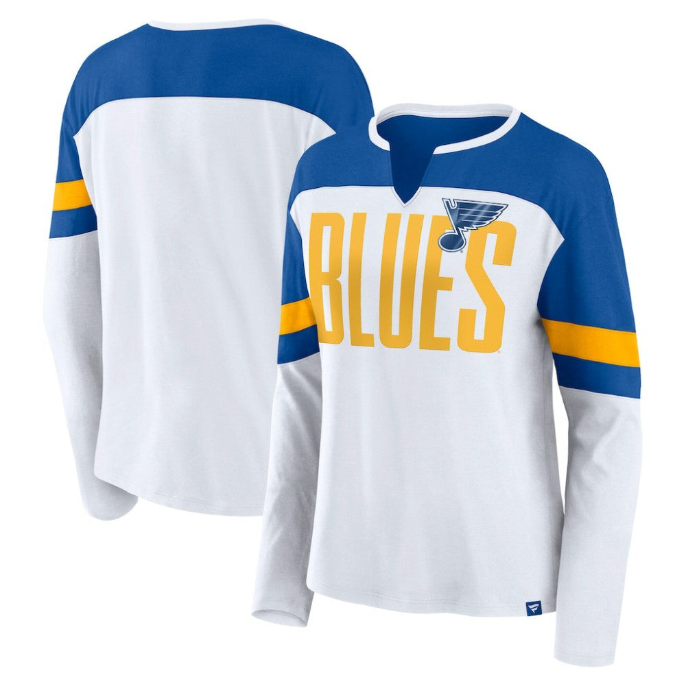 St. Louis Blues Fanatics Women's Frozen Long Sleeve Notch Neck T-Shirt - White/Blue T-shirts