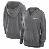 New York Jets Women's Initiative Snow Wash French Terry V-Neck Pullover Hoodie - Heather Charcoal on sale