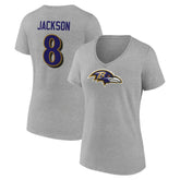 Lamar Jackson Baltimore Ravens Women's Icon Player Name & Number V-Neck T-Shirt - Gray outlet