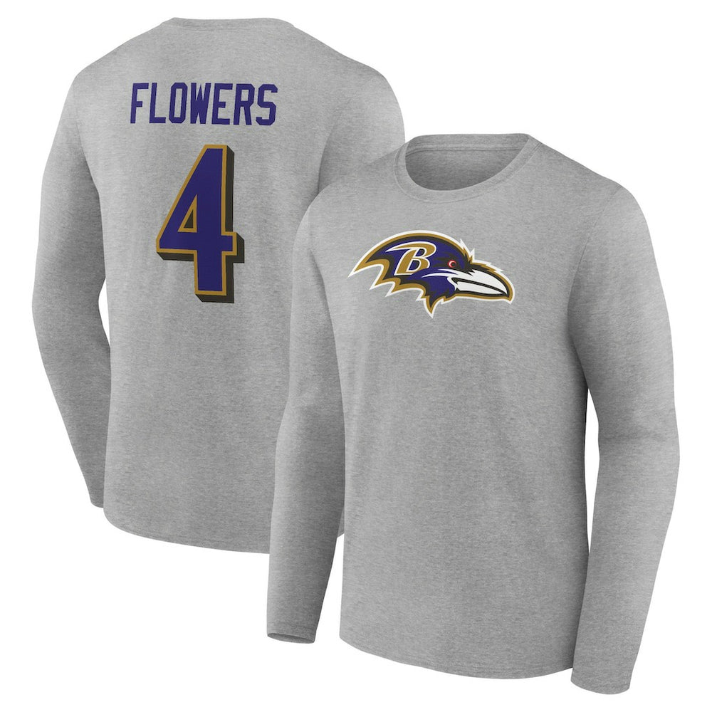Zay Flowers Baltimore Ravens Icon Player Name & Number Long Sleeve T-Shirt - Gray cheap