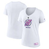 New Jersey Devils Fanatics Women's 2024 Hockey Fights Cancer V-Neck T-Shirt - White T-shirts