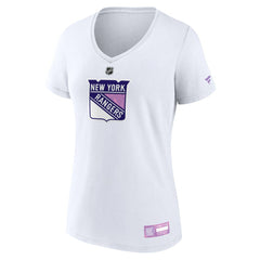 New York Rangers Fanatics Women's 2024 Hockey Fights Cancer V-Neck T-Shirt - White T-shirts