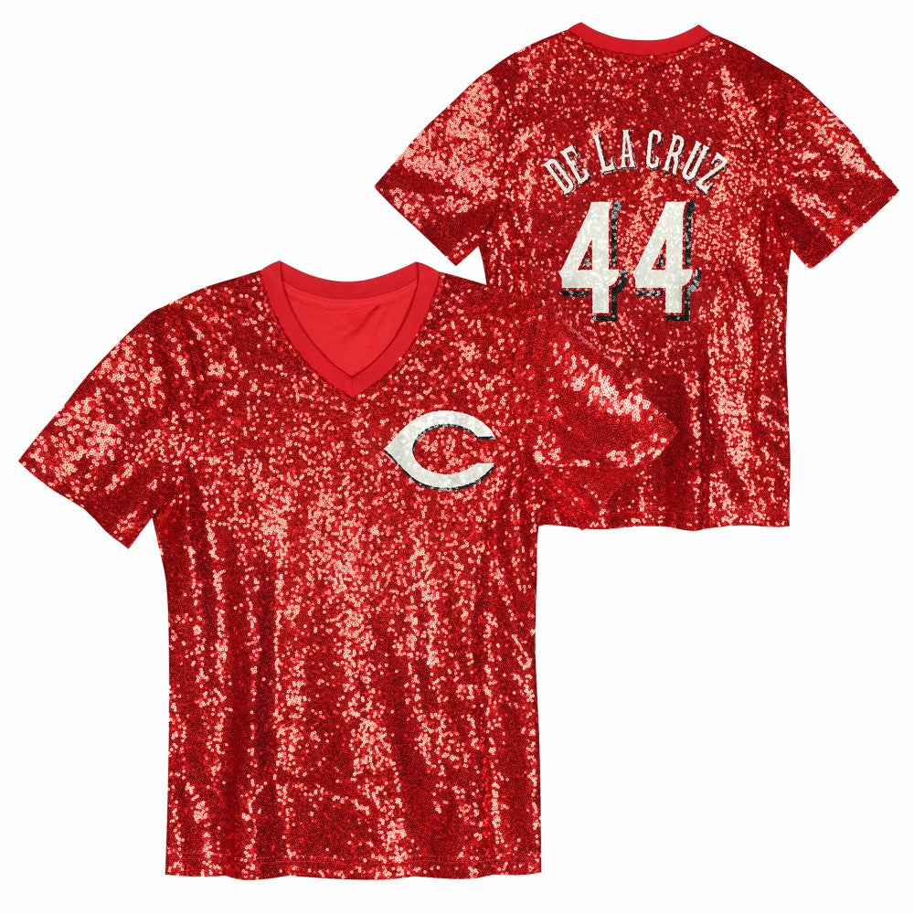 Elly De La Cruz Cincinnati Reds Juniors Name & Number Sequin V-Neck Top Red