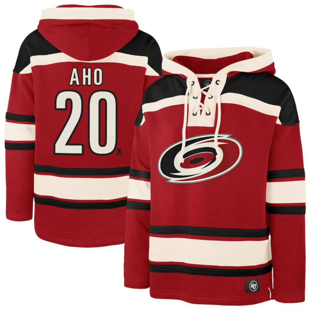 Sebastian Aho Carolina Hurricanes '47 Player Name & Number Lacer Pullover Hoodie - Red Hoodies