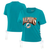 Miami Dolphins WEAR by Erin Andrews Women's Lace Up Side Modest Cropped T-Shirt - Aqua cheap