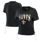 New Orleans Saints WEAR by Erin Andrews Women's Lace Up Side Modest Cropped T-Shirt - Black for sale