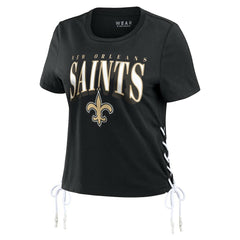 New Orleans Saints WEAR by Erin Andrews Women's Lace Up Side Modest Cropped T-Shirt - Black for sale