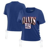 New York Giants WEAR by Erin Andrews Women's Lace Up Side Modest Cropped T-Shirt - Royal for sale