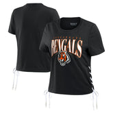 Cincinnati Bengals WEAR by Erin Andrews Women's Lace Up Side Modest Cropped T-Shirt - Black on sale