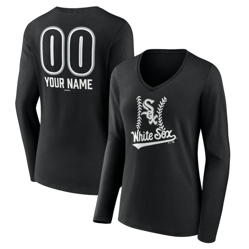 Chicago White Sox Women's Personalized Name & Number Fastball Long Sleeve V-Neck T-Shirt Black