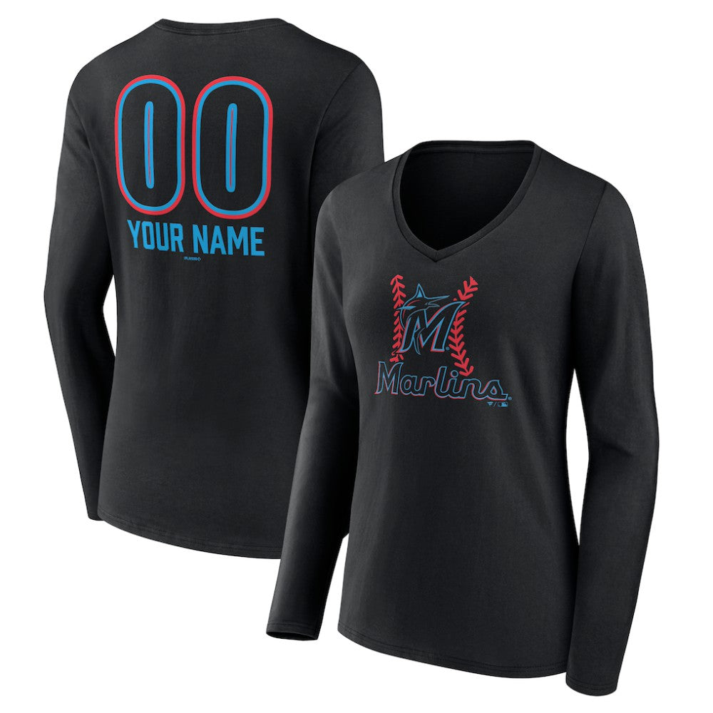 Miami Marlins Women's Personalized Name & Number Fastball Long Sleeve V-Neck T-Shirt Black