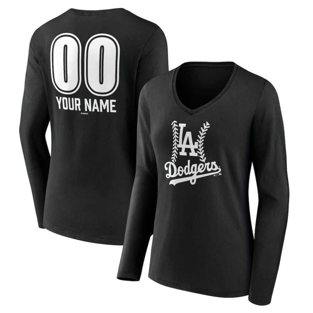 Los Angeles Dodgers Women's Personalized Name & Number Fastball Long Sleeve V-Neck T-Shirt Black