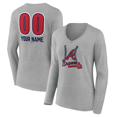 Atlanta Braves Women's Personalized Name & Number Fastball Long Sleeve V-Neck T-Shirt Gray