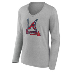 Atlanta Braves Women's Personalized Name & Number Fastball Long Sleeve V-Neck T-Shirt Gray