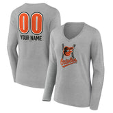 Baltimore Orioles Women's Personalized Name & Number Fastball Long Sleeve V-Neck T-Shirt Gray