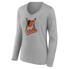 Baltimore Orioles Women's Personalized Name & Number Fastball Long Sleeve V-Neck T-Shirt Gray