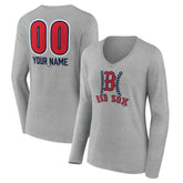 Boston Red Sox Women's Personalized Name & Number Fastball Long Sleeve V-Neck T-Shirt Gray