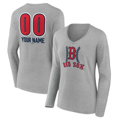 Boston Red Sox Women's Personalized Name & Number Fastball Long Sleeve V-Neck T-Shirt Gray