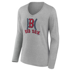 Boston Red Sox Women's Personalized Name & Number Fastball Long Sleeve V-Neck T-Shirt Gray