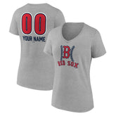 Boston Red Sox Women's Personalized Name & Number Fastball V-Neck T-Shirt Gray