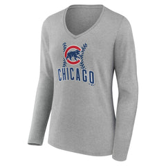 Chicago Cubs Women's Personalized Name & Number Fastball Long Sleeve V-Neck T-Shirt Gray