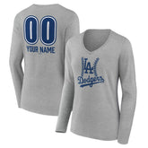 Los Angeles Dodgers Women's Personalized Name & Number Fastball Long Sleeve V-Neck T-Shirt Gray