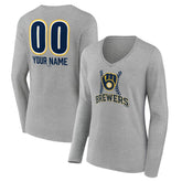 Milwaukee Brewers Women's Personalized Name & Number Fastball Long Sleeve V-Neck T-Shirt Gray