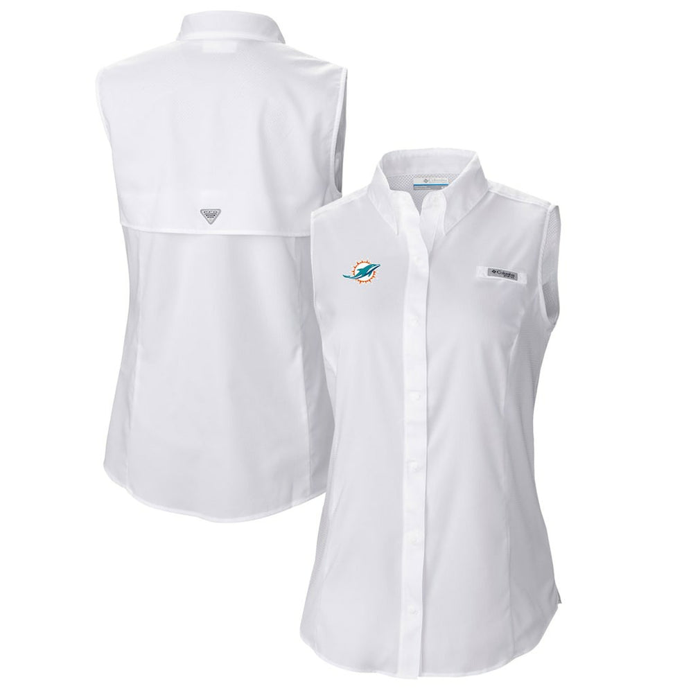 Miami Dolphins Women's PFG Tamiami Omni-Shade Sleeveless Button-Up Shirt - White cheap