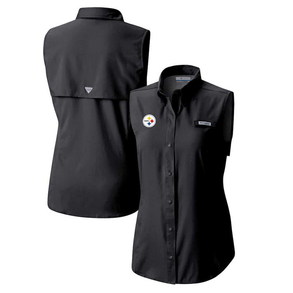 Pittsburgh Steelers Women's PFG Tamiami Omni-Shade Sleeveless Button-Up Shirt - Black cheap
