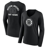 Boston Bruins Women's Personalized Name & Number Monochrome Long Sleeve V-Neck T-Shirt - Black T-shirts