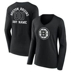 Boston Bruins Women's Personalized Name & Number Monochrome Long Sleeve V-Neck T-Shirt - Black T-shirts