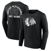 Chicago Blackhawks Personalized Name & Number Monochrome Long Sleeve T-Shirt - Black T-shirts