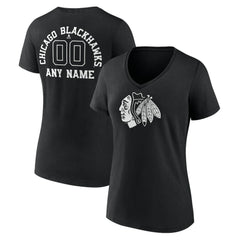 Chicago Blackhawks Women's Personalized Name & Number Monochrome V-Neck T-Shirt - Black T-shirts