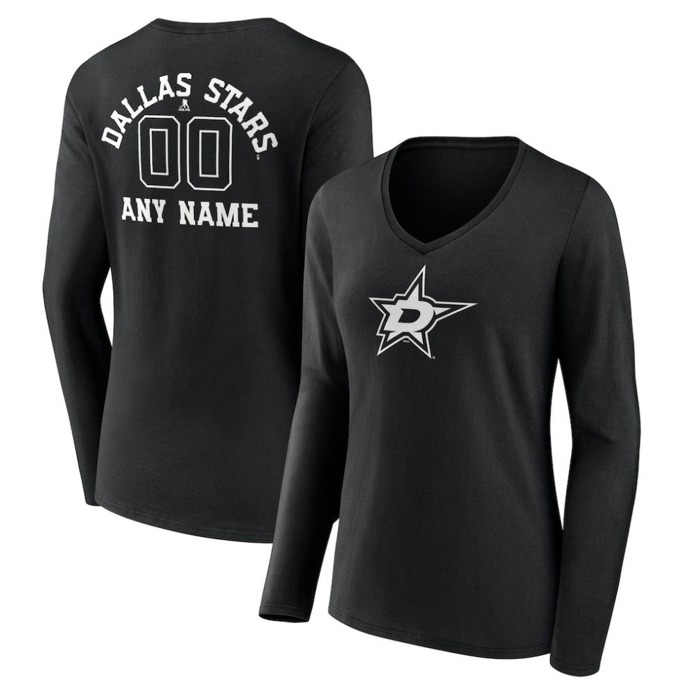 Dallas Stars Women's Personalized Name & Number Monochrome Long Sleeve V-Neck T-Shirt - Black T-shirts