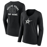 Dallas Stars Women's Personalized Name & Number Monochrome Long Sleeve V-Neck T-Shirt - Black T-shirts