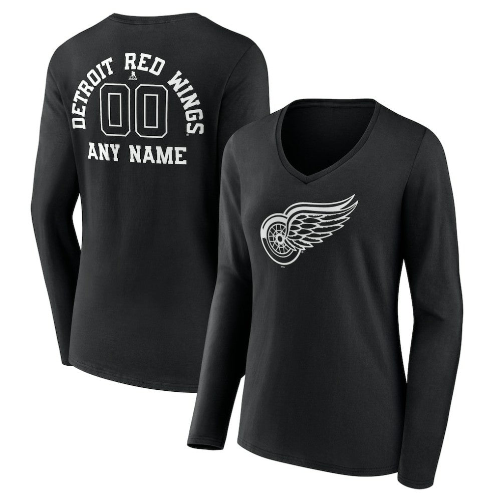 Detroit Red Wings Women's Personalized Name & Number Monochrome Long Sleeve V-Neck T-Shirt - Black T-shirts