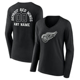 Detroit Red Wings Women's Personalized Name & Number Monochrome Long Sleeve V-Neck T-Shirt - Black T-shirts