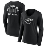 Minnesota Wild Women's Personalized Name & Number Monochrome Long Sleeve V-Neck T-Shirt - Black T-shirts