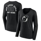 New Jersey Devils Women's Personalized Name & Number Monochrome Long Sleeve V-Neck T-Shirt - Black T-shirts