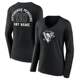 Pittsburgh Penguins Women's Personalized Name & Number Monochrome Long Sleeve V-Neck T-Shirt - Black T-shirts